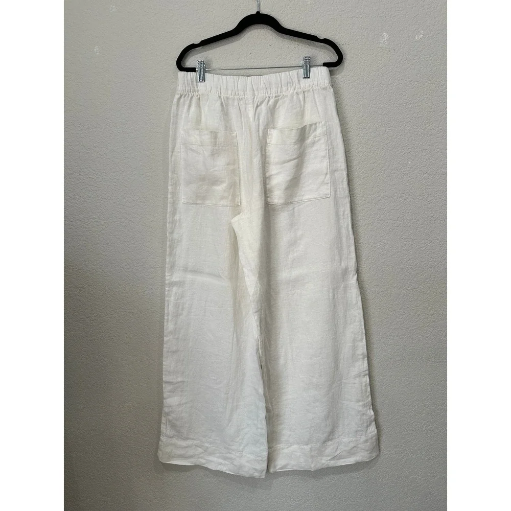 Beyond Yoga White 100% Linen Wide Leg Elastic Waist Patch Pocket Pants Large